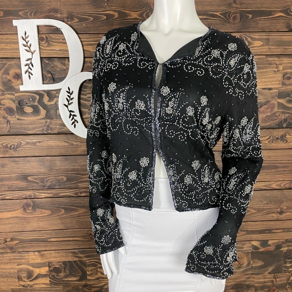 Laurence Kazar | Beaded Blazer Jacket Shiny Embellishment Paisley Floral Design